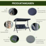 Hollywoodschaukel 3-Sitzer, bis 270 kg belastbar, Schaukelbank mit verstellbarem Sonnendach, Gartenschaukel mit Kissen – Bild 6