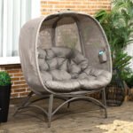 Gartenstuhl 2-Sitzer Papasansessel mit Faltbarem Korb und Kissen, Loungesessel für Balkon und Terrasse, Stahl in Sand, 126 x 75 x 142 cm – Bild 2